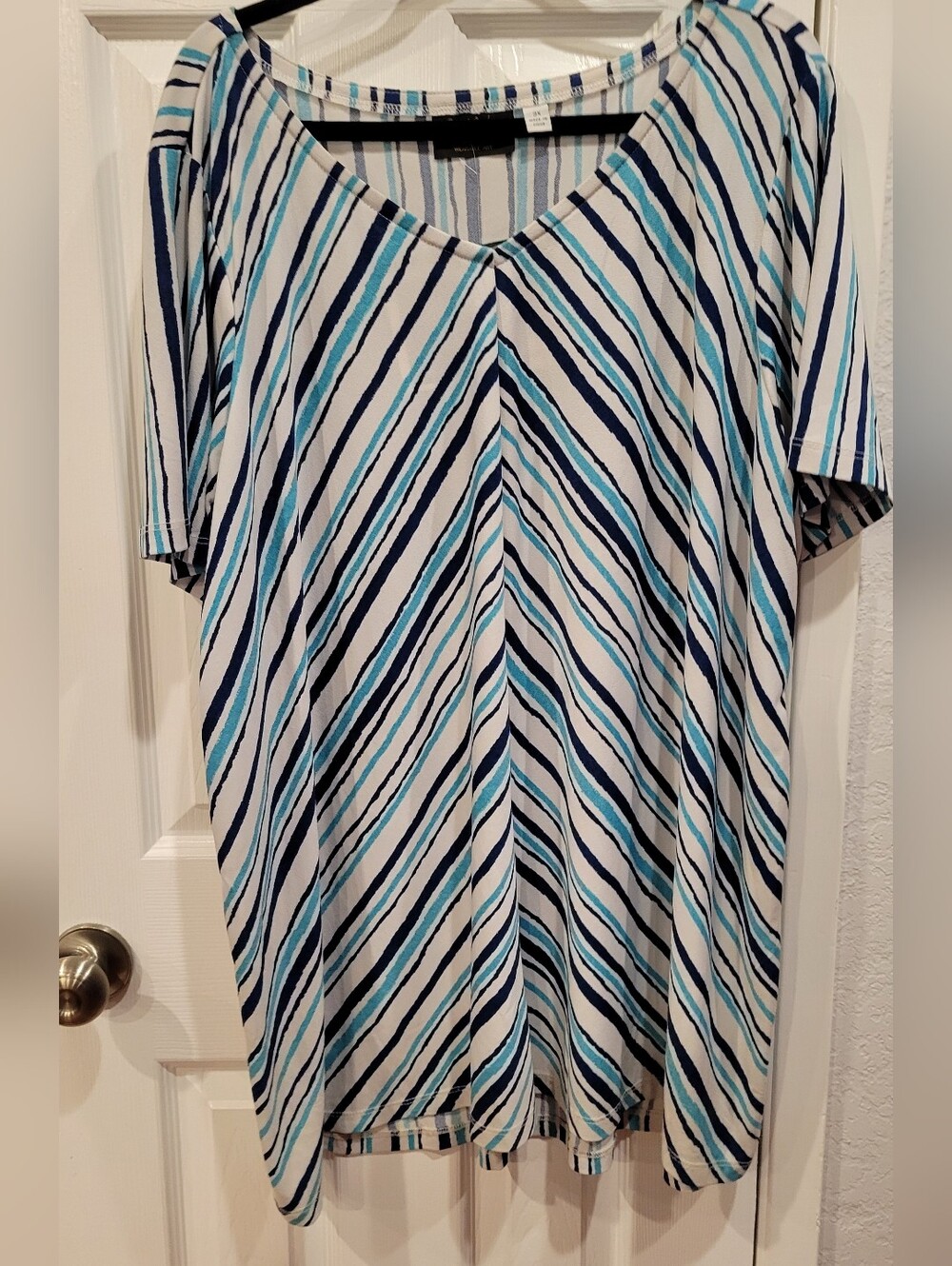 Bob Mackie Diagonal Stripe V-Neck Tunic in Blue and White